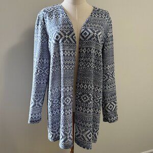 EUC Cleo Open Front Knit Cardigan, Navy Blue Aztec Pattern, Size Large